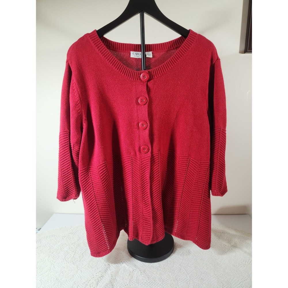 Cato Womens 22/24W Knit Sweater Red 3/4 Sleeves 4 Button Swing Cardigan
